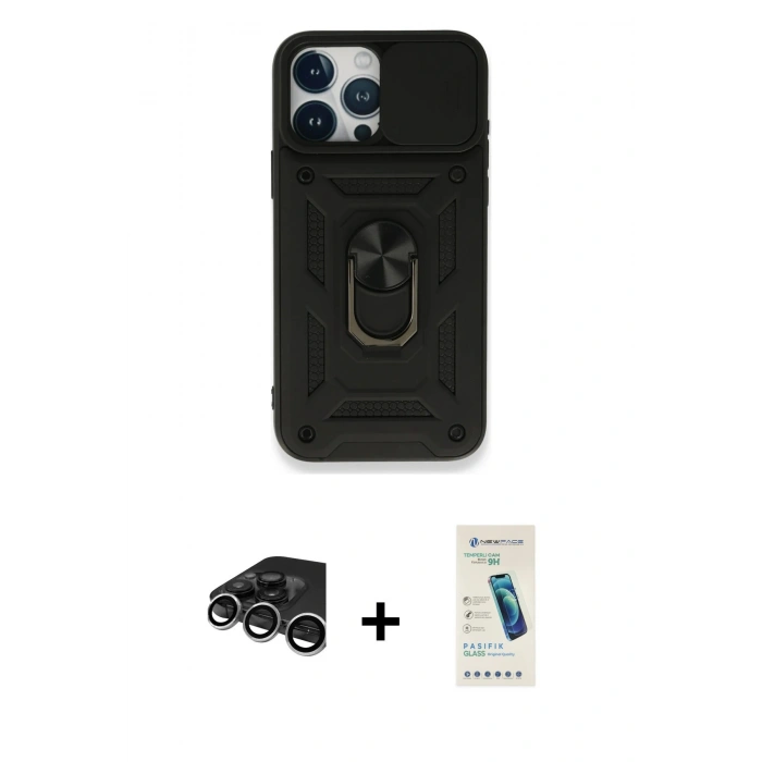 MARSİLYAN™- iPhone 15 Pro Max Kılıf Ahenk Klasik - Şeffaf Pasifik Cam Ekran Koruyucu + Raze Metal Kamera Lens - GS