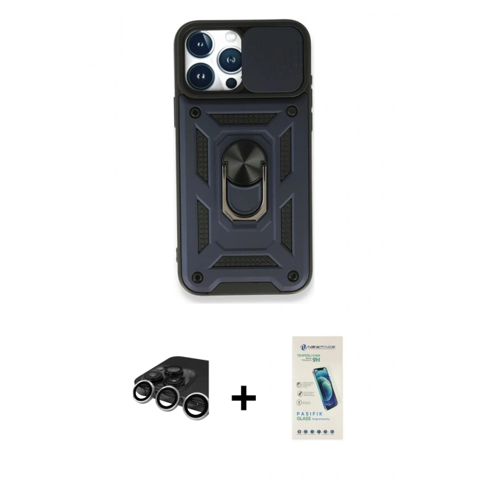 MARSİLYAN™- iPhone 15 Pro Max Kılıf Ahenk Klasik - Şeffaf Pasifik Cam Ekran Koruyucu + Raze Metal Kamera Lens - GS