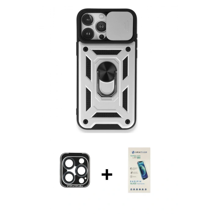 MARSİLYAN™- iPhone 15 Pro Max Kılıf Ahenk Klasik - Şeffaf Pasifik Cam Ekran Koruyucu + PVD Metal Kamera Lens - LT
