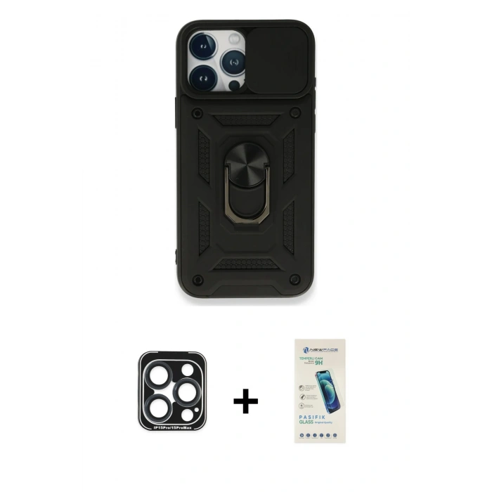 MARSİLYAN™- iPhone 15 Pro Max Kılıf Ahenk Klasik - Şeffaf Pasifik Cam Ekran Koruyucu + PVD Metal Kamera Lens - LT