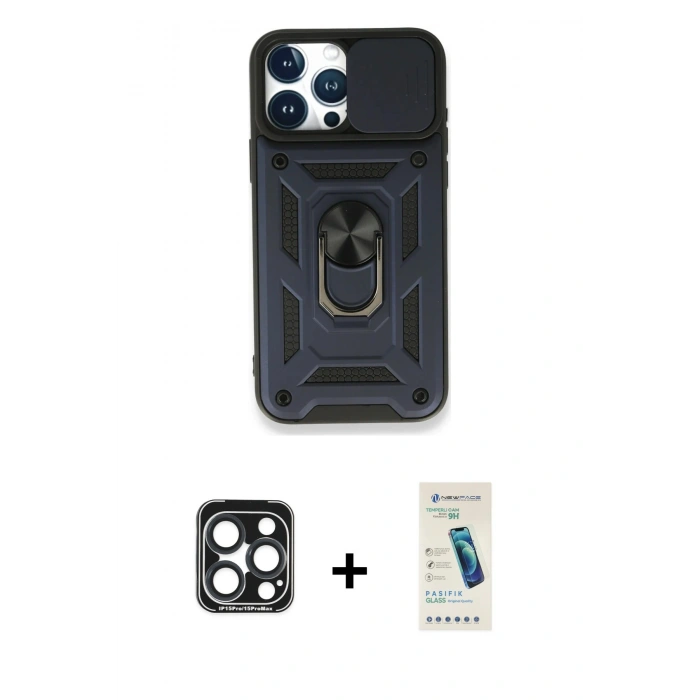 MARSİLYAN™- iPhone 15 Pro Max Kılıf Ahenk Klasik - Şeffaf Pasifik Cam Ekran Koruyucu + PVD Metal Kamera Lens - LT