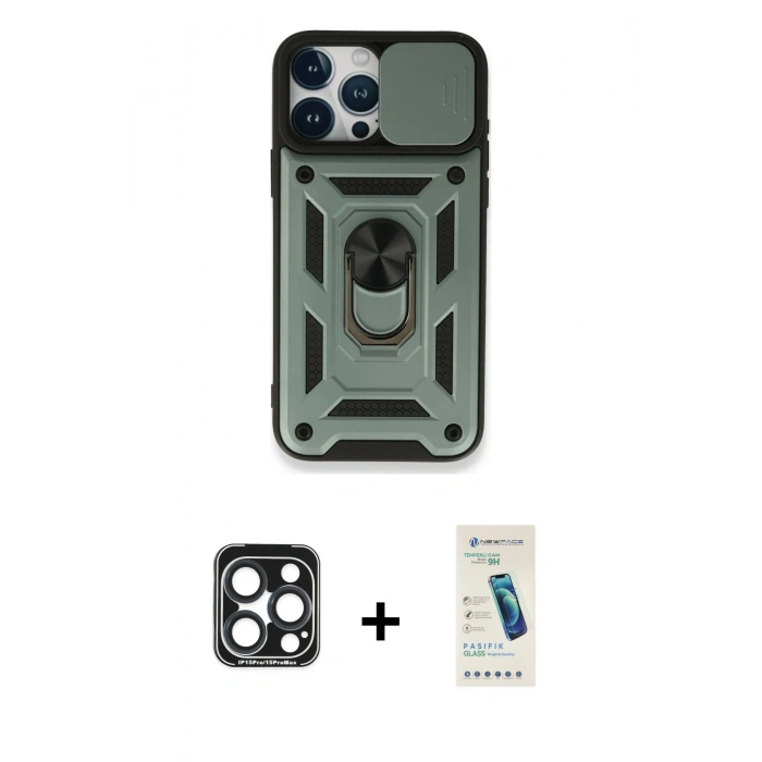 MARSİLYAN™- iPhone 15 Pro Max Kılıf Ahenk Klasik - Şeffaf Pasifik Cam Ekran Koruyucu + PVD Metal Kamera Lens - LT