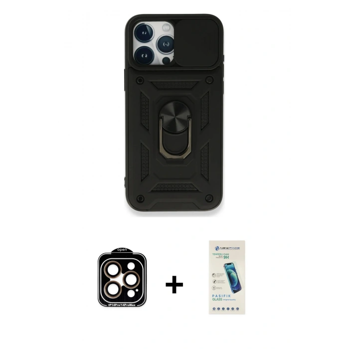 MARSİLYAN™- iPhone 15 Pro Max Kılıf Ahenk Klasik - Şeffaf Pasifik Cam Ekran Koruyucu + PVD Metal Kamera Lens - TU