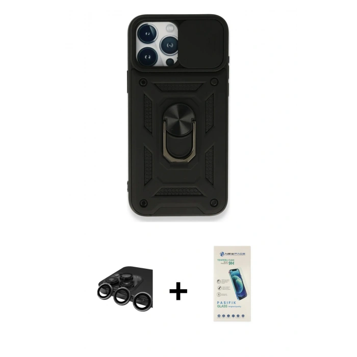 MARSİLYAN™- iPhone 15 Pro Max Kılıf Ahenk Klasik - Şeffaf Pasifik Cam Ekran Koruyucu + Raze Metal Kamera Lens - TMGI