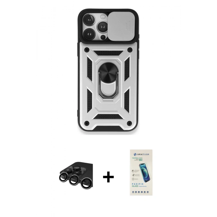 MARSİLYAN™- iPhone 15 Pro Max Kılıf Ahenk Klasik - Şeffaf Pasifik Cam Ekran Koruyucu + Raze Metal Kamera Lens - TMGI