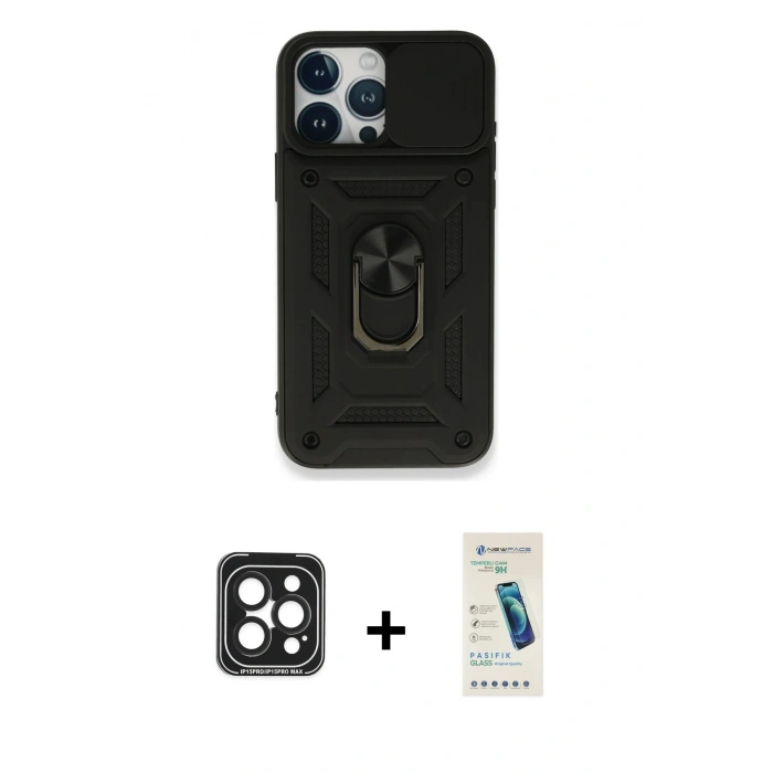 MARSİLYAN™- iPhone 15 Pro Max Kılıf Ahenk Klasik - Şeffaf Pasifik Cam Ekran Koruyucu + Siyah PVD Metal Kamera Lens