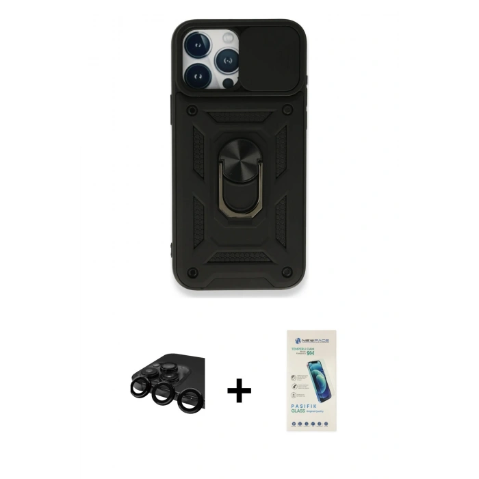 MARSİLYAN™- iPhone 15 Pro Max Kılıf Ahenk Klasik - Şeffaf Pasifik Cam Ekran Koruyucu + Raze Metal Kamera Lens - SH