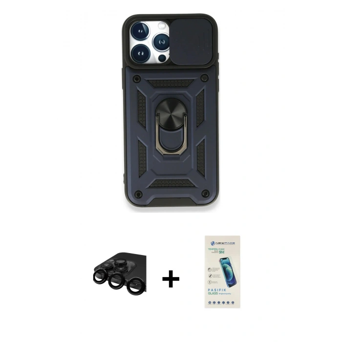 MARSİLYAN™- iPhone 15 Pro Max Kılıf Ahenk Klasik - Şeffaf Pasifik Cam Ekran Koruyucu + Raze Metal Kamera Lens - SH