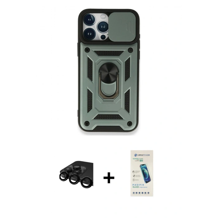 MARSİLYAN™- iPhone 15 Pro Max Kılıf Ahenk Klasik - Şeffaf Pasifik Cam Ekran Koruyucu + Raze Metal Kamera Lens - SH