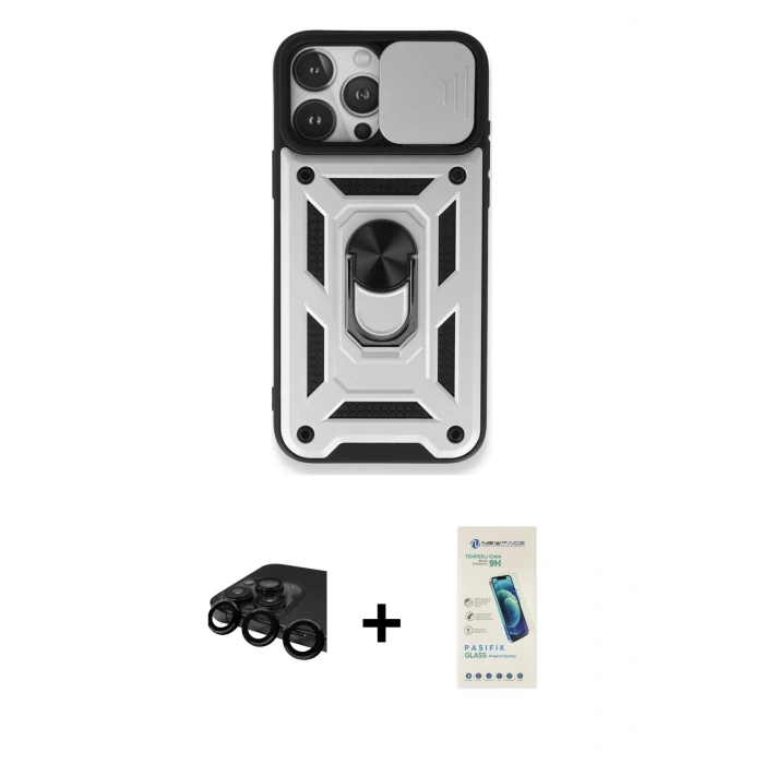MARSİLYAN™- iPhone 15 Pro Max Kılıf Ahenk Klasik - Şeffaf Pasifik Cam Ekran Koruyucu + Raze Metal Kamera Lens - SH