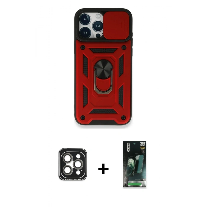 MARSİLYAN™- iPhone 15 Pro Max Kılıf Ahenk Klasik - Siyah 360 Mat Full Body Arka Koruyucu + PVD Metal Kamera Lens - GI