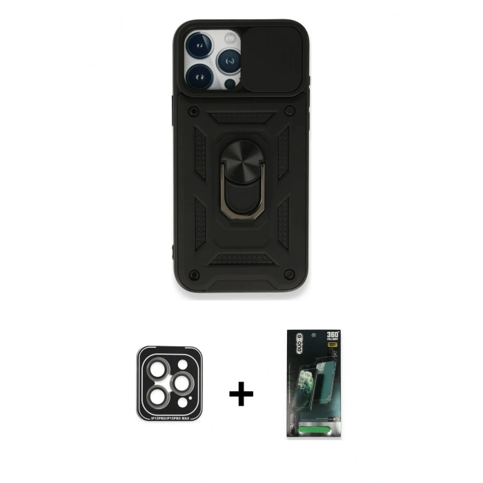 MARSİLYAN™- iPhone 15 Pro Max Kılıf Ahenk Klasik - Siyah 360 Mat Full Body Arka Koruyucu + PVD Metal Kamera Lens - GI