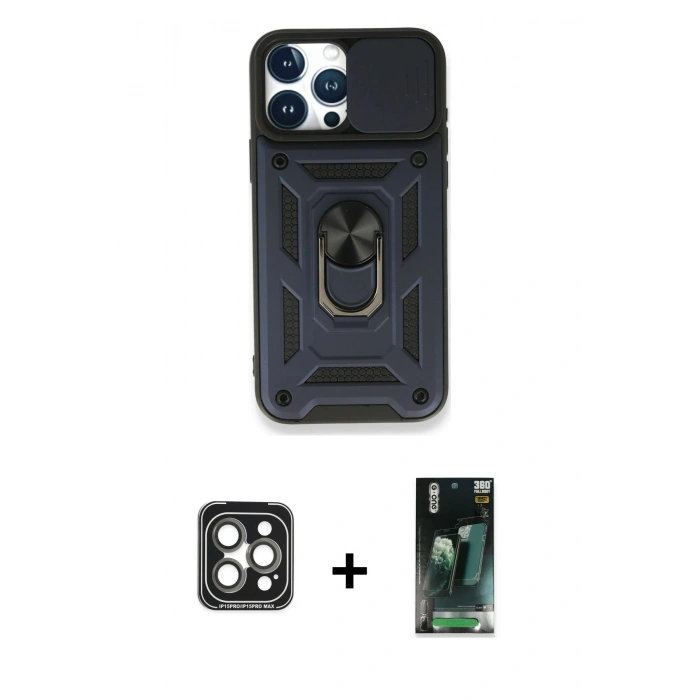 MARSİLYAN™- iPhone 15 Pro Max Kılıf Ahenk Klasik - Siyah 360 Mat Full Body Arka Koruyucu + PVD Metal Kamera Lens - GI