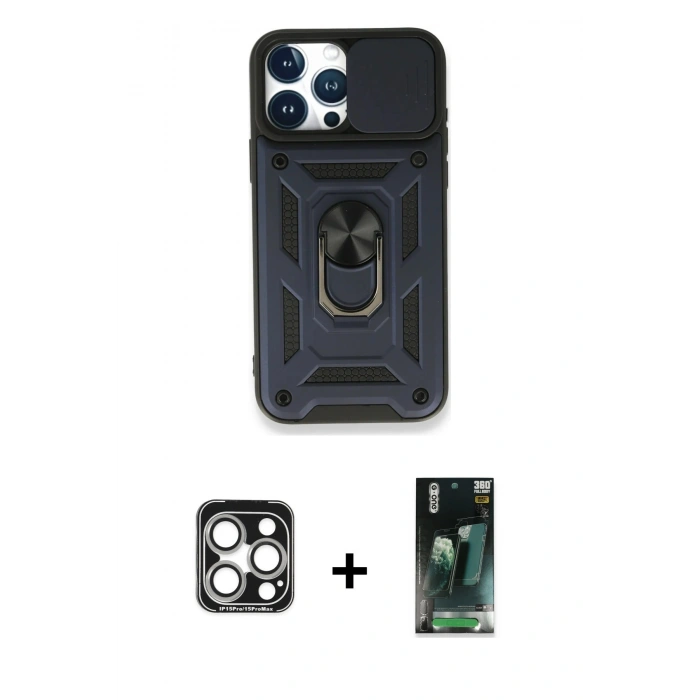 MARSİLYAN™- iPhone 15 Pro Max Kılıf Ahenk Klasik - Siyah 360 Mat Full Body Arka Koruyucu + PVD Metal Kamera Lens - GS