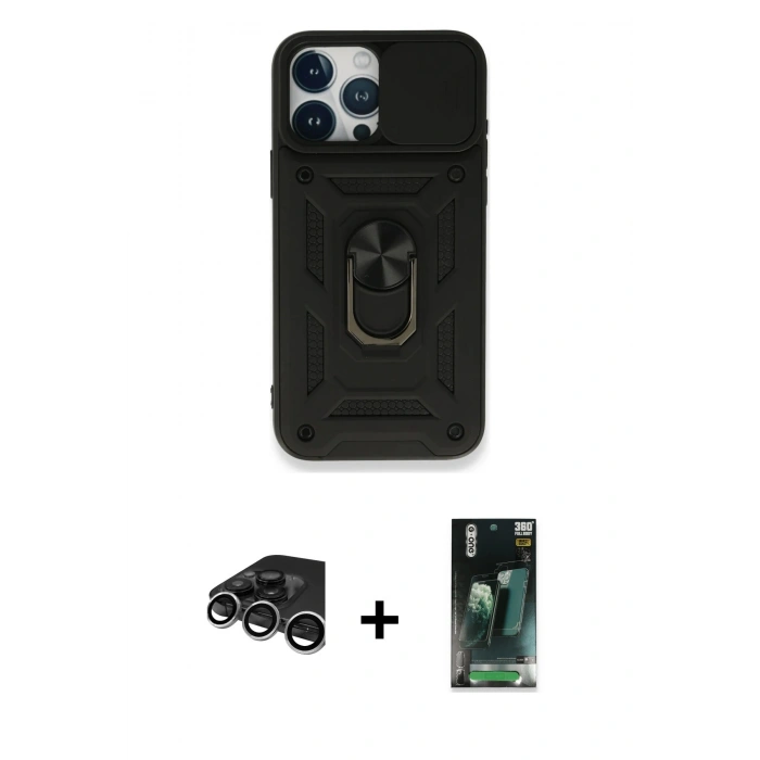 MARSİLYAN™- iPhone 15 Pro Max Kılıf Ahenk Klasik - Siyah 360 Mat Full Body Arka Koruyucu + Raze Metal Kamera Lens - GS