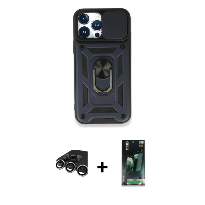 MARSİLYAN™- iPhone 15 Pro Max Kılıf Ahenk Klasik - Siyah 360 Mat Full Body Arka Koruyucu + Raze Metal Kamera Lens - GS