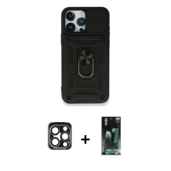 MARSİLYAN™- iPhone 15 Pro Max Kılıf Ahenk Klasik - Siyah 360 Mat Full Body Arka Koruyucu + PVD Metal Kamera Lens - LT