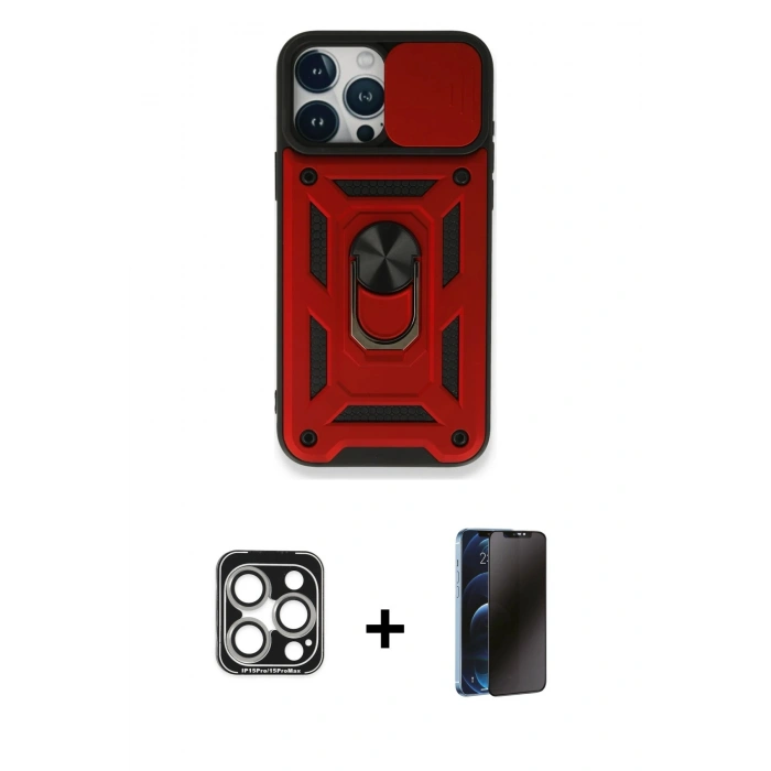 MARSİLYAN™- iPhone 15 Pro Max Kılıf Ahenk Klasik - Siyah 3D Antistatik Hayalet Cam Ekran Koruyucu + PVD Metal Kamera Lens - GS