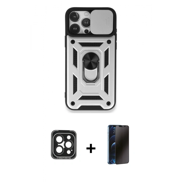 MARSİLYAN™- iPhone 15 Pro Max Kılıf Ahenk Klasik - Siyah 3D Antistatik Hayalet Cam Ekran Koruyucu + PVD Metal Kamera Lens - SH