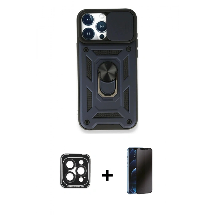 MARSİLYAN™- iPhone 15 Pro Max Kılıf Ahenk Klasik - Siyah 3D Antistatik Hayalet Cam Ekran Koruyucu + PVD Metal Kamera Lens - SH