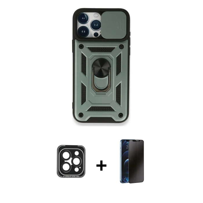 MARSİLYAN™- iPhone 15 Pro Max Kılıf Ahenk Klasik - Siyah 3D Antistatik Hayalet Cam Ekran Koruyucu + PVD Metal Kamera Lens - SH