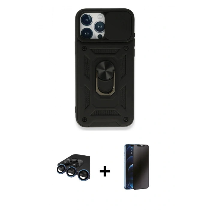 MARSİLYAN™- iPhone 15 Pro Max Kılıf Ahenk Klasik - Siyah 3D Antistatik Hayalet Cam Ekran Koruyucu + Raze Metal Kamera Lens - LT
