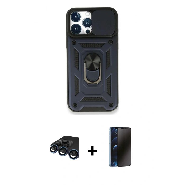 MARSİLYAN™- iPhone 15 Pro Max Kılıf Ahenk Klasik - Siyah 3D Antistatik Hayalet Cam Ekran Koruyucu + Raze Metal Kamera Lens - LT