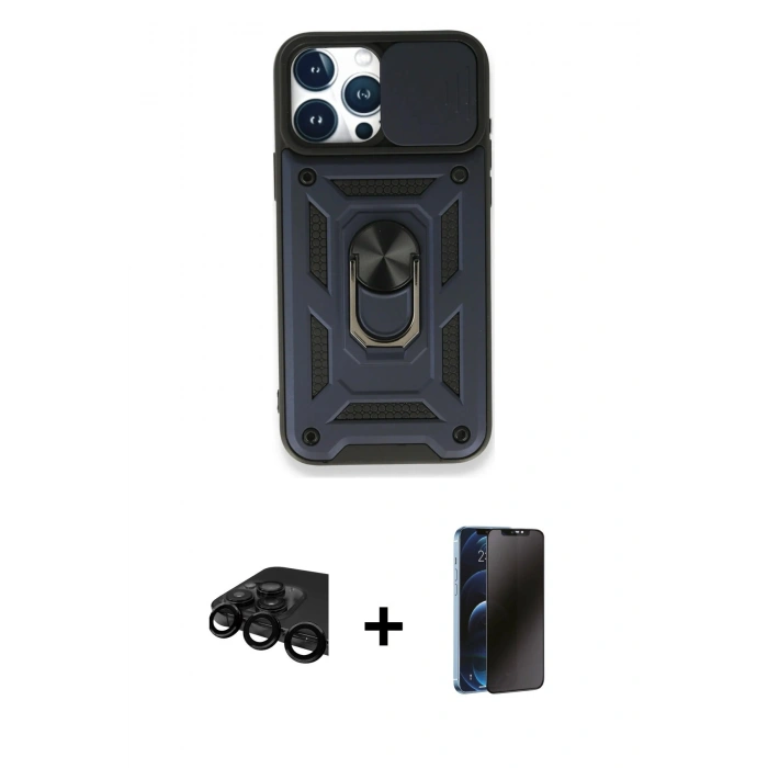 MARSİLYAN™- iPhone 15 Pro Max Kılıf Ahenk Klasik - Siyah 3D Antistatik Hayalet Cam Ekran Koruyucu + Raze Metal Kamera Lens - SH