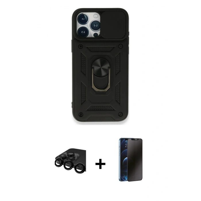 MARSİLYAN™- iPhone 15 Pro Max Kılıf Ahenk Klasik - Siyah 3D Antistatik Hayalet Cam Ekran Koruyucu + Raze Metal Kamera Lens - SH