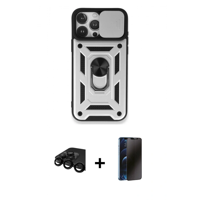 MARSİLYAN™- iPhone 15 Pro Max Kılıf Ahenk Klasik - Siyah 3D Antistatik Hayalet Cam Ekran Koruyucu + Raze Metal Kamera Lens - SH
