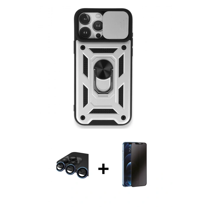 MARSİLYAN™- iPhone 15 Pro Max Kılıf Ahenk Klasik - Siyah 3D Antistatik Hayalet Cam Ekran Koruyucu + Raze Metal Kamera Lens - LT