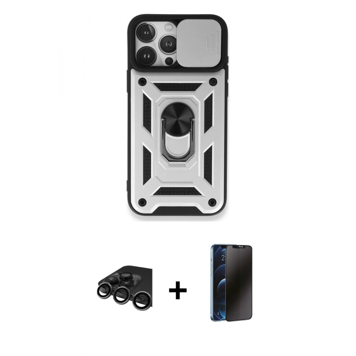 MARSİLYAN™- iPhone 15 Pro Max Kılıf Ahenk Klasik - Siyah 3D Antistatik Hayalet Cam Ekran Koruyucu + Raze Metal Kamera Lens - TMGI