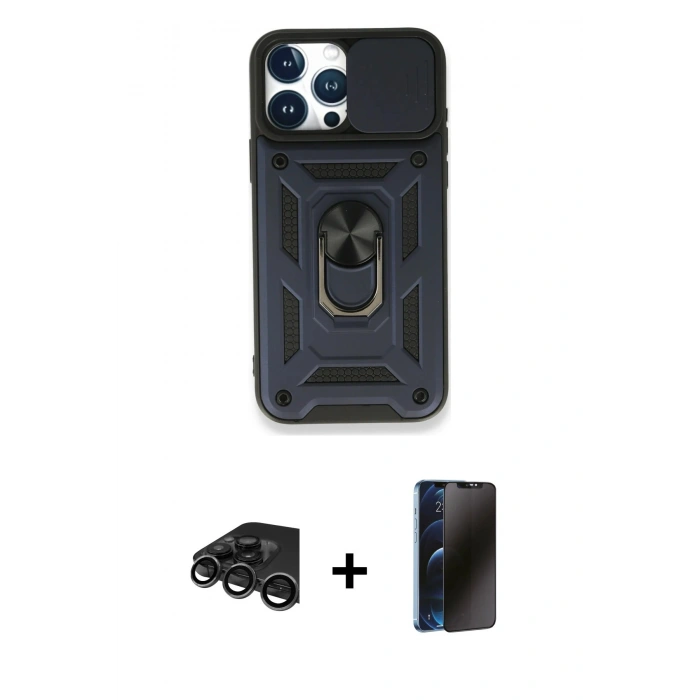 MARSİLYAN™- iPhone 15 Pro Max Kılıf Ahenk Klasik - Siyah 3D Antistatik Hayalet Cam Ekran Koruyucu + Raze Metal Kamera Lens - TMGI