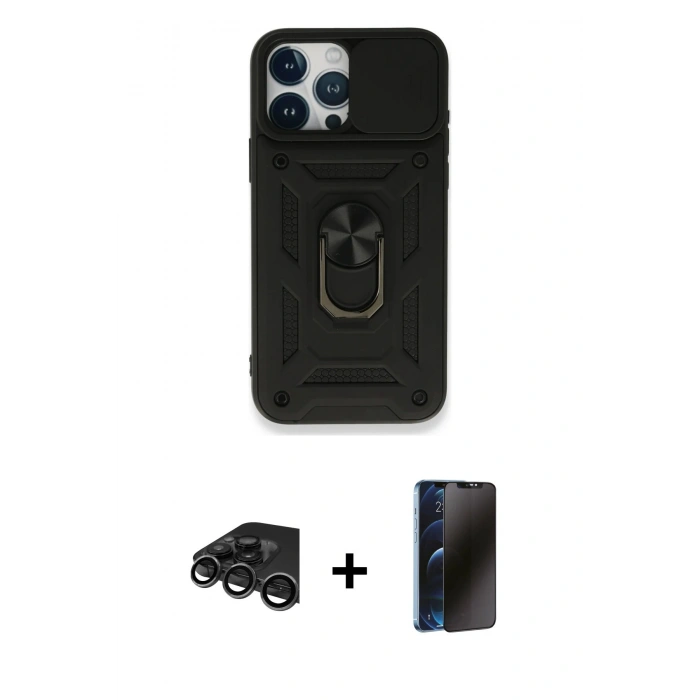 MARSİLYAN™- iPhone 15 Pro Max Kılıf Ahenk Klasik - Siyah 3D Antistatik Hayalet Cam Ekran Koruyucu + Raze Metal Kamera Lens - TMGI