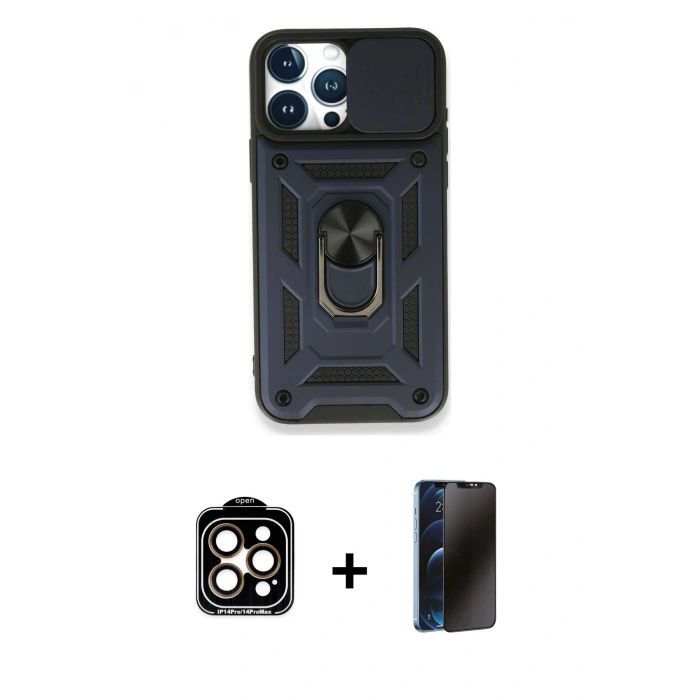 MARSİLYAN™- iPhone 15 Pro Max Kılıf Ahenk Klasik - Siyah 3D Antistatik Hayalet Cam Ekran Koruyucu + PVD Metal Kamera Lens - TU