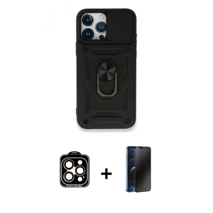 MARSİLYAN™- iPhone 15 Pro Max Kılıf Ahenk Klasik - Siyah 3D Antistatik Hayalet Cam Ekran Koruyucu + PVD Metal Kamera Lens - TU