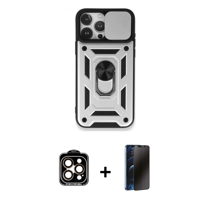 MARSİLYAN™- iPhone 15 Pro Max Kılıf Ahenk Klasik - Siyah 3D Antistatik Hayalet Cam Ekran Koruyucu + PVD Metal Kamera Lens - TU