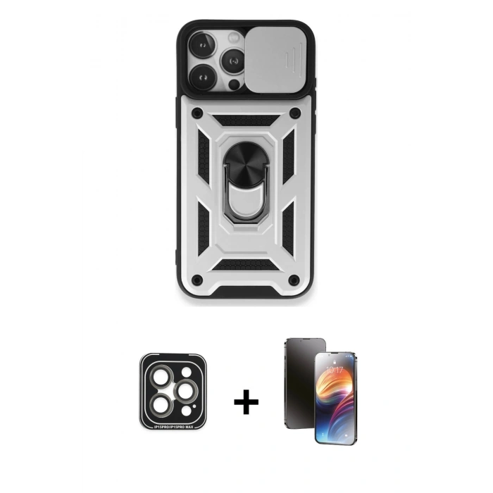 MARSİLYAN™- iPhone 15 Pro Max Kılıf Ahenk Klasik - Siyah 3D Antistatik Mat Seramik Nano Ekran Koruyucu + PVD Metal Kamera Lens - GI