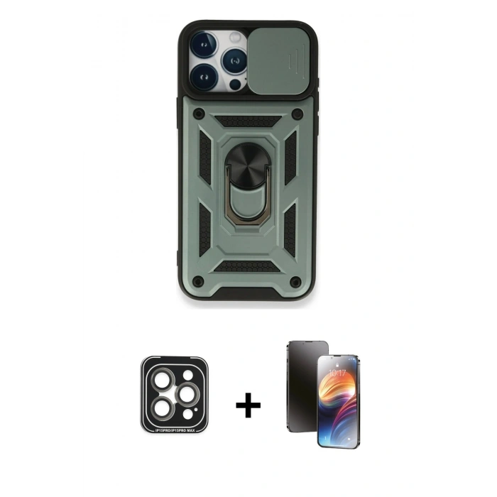 MARSİLYAN™- iPhone 15 Pro Max Kılıf Ahenk Klasik - Siyah 3D Antistatik Mat Seramik Nano Ekran Koruyucu + PVD Metal Kamera Lens - GI