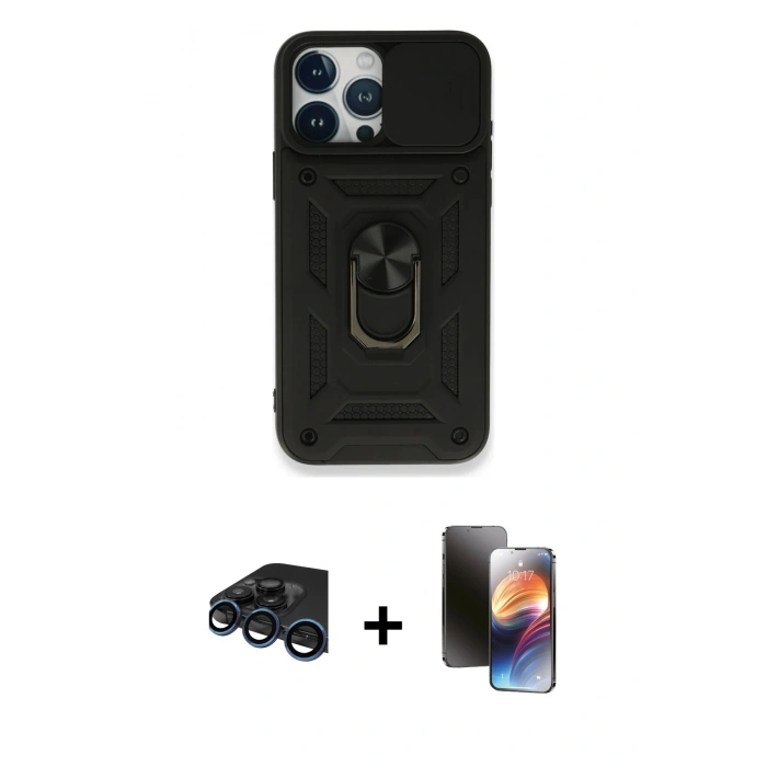 MARSİLYAN™- iPhone 15 Pro Max Kılıf Ahenk Klasik - Siyah 3D Antistatik Mat Seramik Nano Ekran Koruyucu + Raze Metal Kamera Lens - LT