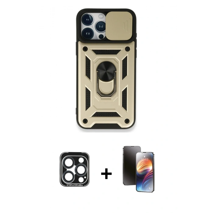 MARSİLYAN™- iPhone 15 Pro Max Kılıf Ahenk Klasik - Siyah 3D Antistatik Mat Seramik Nano Ekran Koruyucu + PVD Metal Kamera Lens - LT