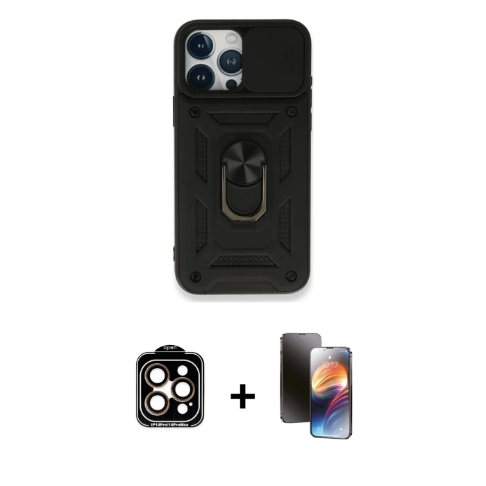 MARSİLYAN™- iPhone 15 Pro Max Kılıf Ahenk Klasik - Siyah 3D Antistatik Mat Seramik Nano Ekran Koruyucu + PVD Metal Kamera Lens - TU