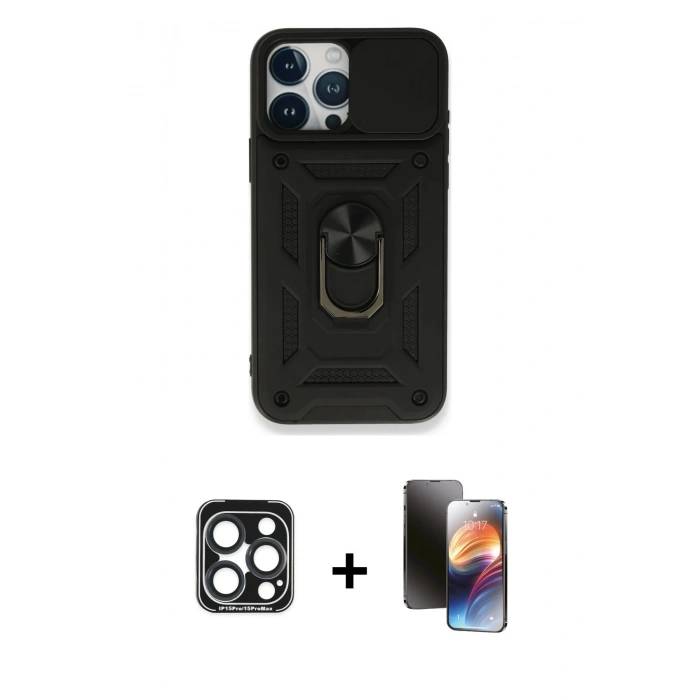 MARSİLYAN™- iPhone 15 Pro Max Kılıf Ahenk Klasik - Siyah 3D Antistatik Mat Seramik Nano Ekran Koruyucu + PVD Metal Kamera Lens - LT