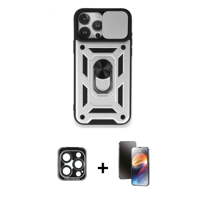MARSİLYAN™- iPhone 15 Pro Max Kılıf Ahenk Klasik - Siyah 3D Antistatik Mat Seramik Nano Ekran Koruyucu + PVD Metal Kamera Lens - LT