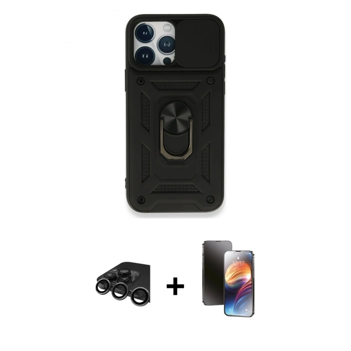 MARSİLYAN™- iPhone 15 Pro Max Kılıf Ahenk Klasik - Siyah 3D Antistatik Mat Seramik Nano Ekran Koruyucu + Raze Metal Kamera Lens - TMGI