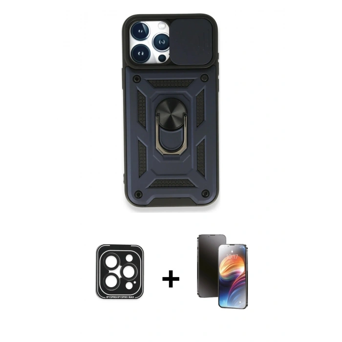 MARSİLYAN™- iPhone 15 Pro Max Kılıf Ahenk Klasik - Siyah 3D Antistatik Mat Seramik Nano Ekran Koruyucu + PVD Metal Kamera Lens - SH
