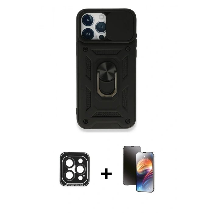 MARSİLYAN™- iPhone 15 Pro Max Kılıf Ahenk Klasik - Siyah 3D Antistatik Mat Seramik Nano Ekran Koruyucu + PVD Metal Kamera Lens - SH