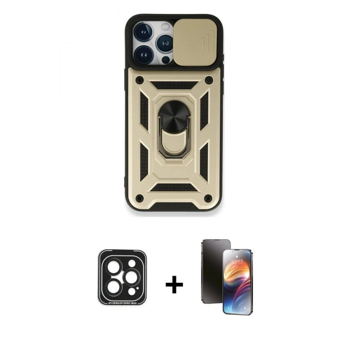 MARSİLYAN™- iPhone 15 Pro Max Kılıf Ahenk Klasik - Siyah 3D Antistatik Mat Seramik Nano Ekran Koruyucu + PVD Metal Kamera Lens - SH