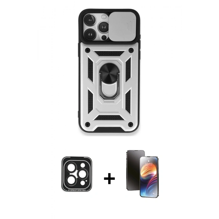 MARSİLYAN™- iPhone 15 Pro Max Kılıf Ahenk Klasik - Siyah 3D Antistatik Mat Seramik Nano Ekran Koruyucu + PVD Metal Kamera Lens - SH