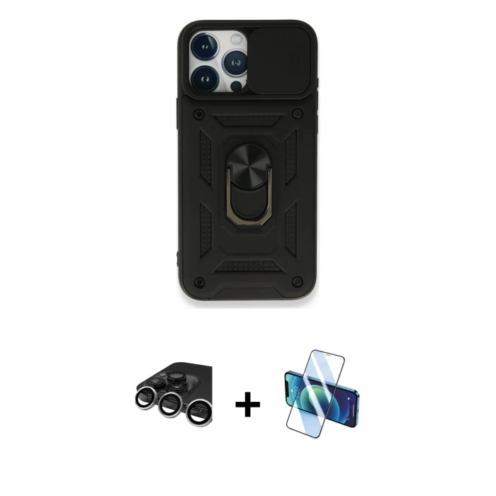 MARSİLYAN™- iPhone 15 Pro Max Kılıf Ahenk Klasik - Siyah 3D Antistatik Seramik Nano Ekran Koruyucu + Raze Metal Kamera Lens - GS